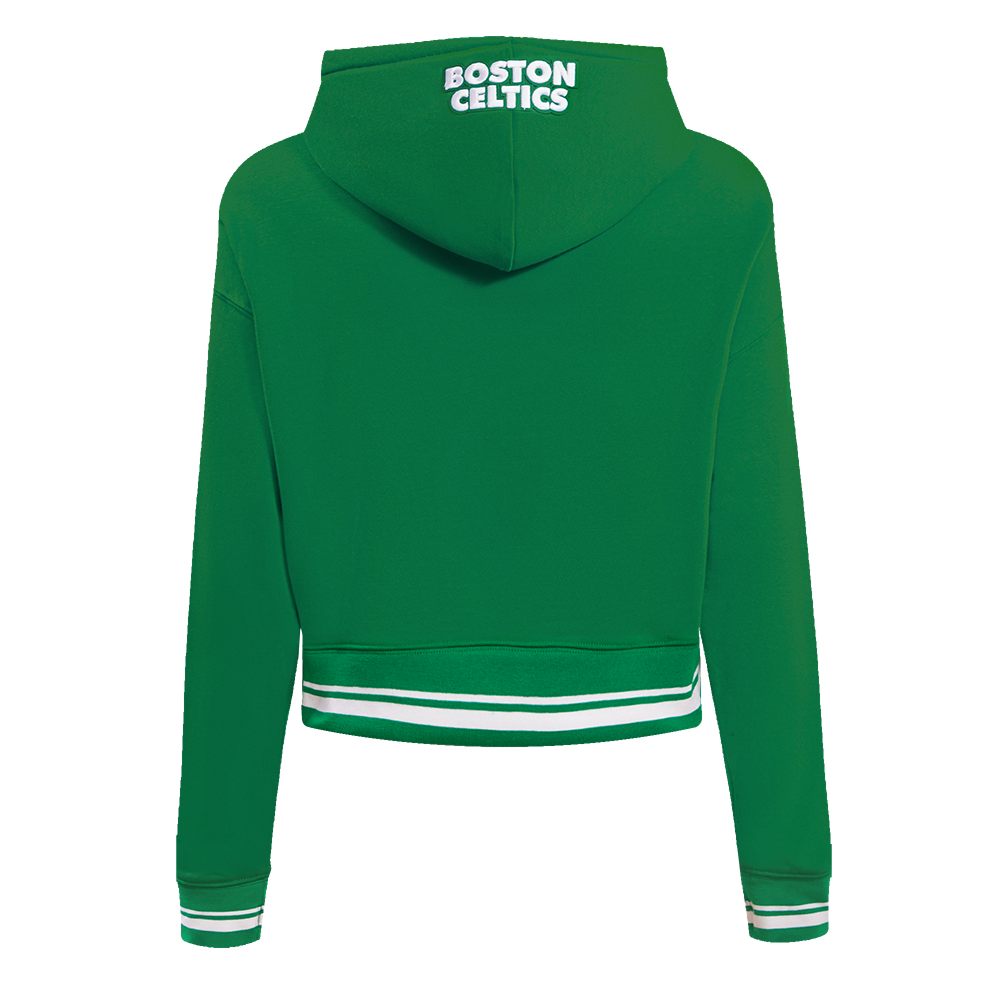 NBA BOSTON CELTICS SCRIPT TAIL WOMEN'S RIB FLEECE CROPPED PULLOVER HOODIE (KELLY GREEN)