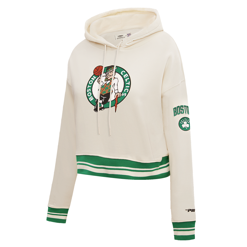 NBA BOSTON CELTICS RETRO CLASSIC WOMEN'S RIB CROPPED PULLOVER HOODIE (EGGSHELL/ KELLY GREEN)