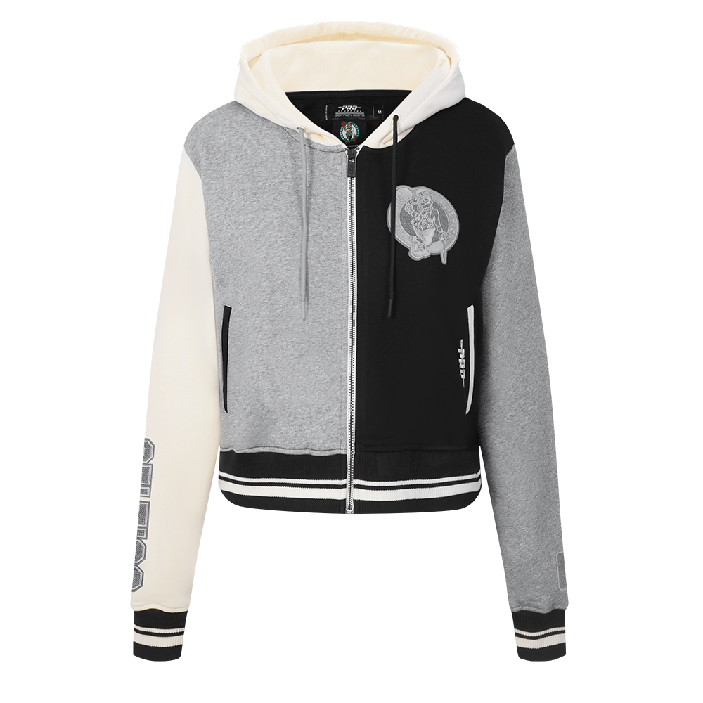 NBA BOSTON CELTICS REVERSE FRENCH TERRY WOMEN'S CROPPED FULL ZIP HOODIE (BLACK/GRAY/EGGSHELL)