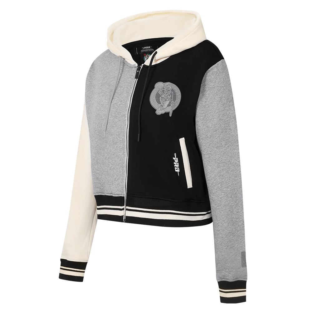 NBA BOSTON CELTICS REVERSE FRENCH TERRY WOMEN'S COLOR BLOCK FLEECE FULL ZIP HOOD (BLACK/GRAY/EGGSHELL)