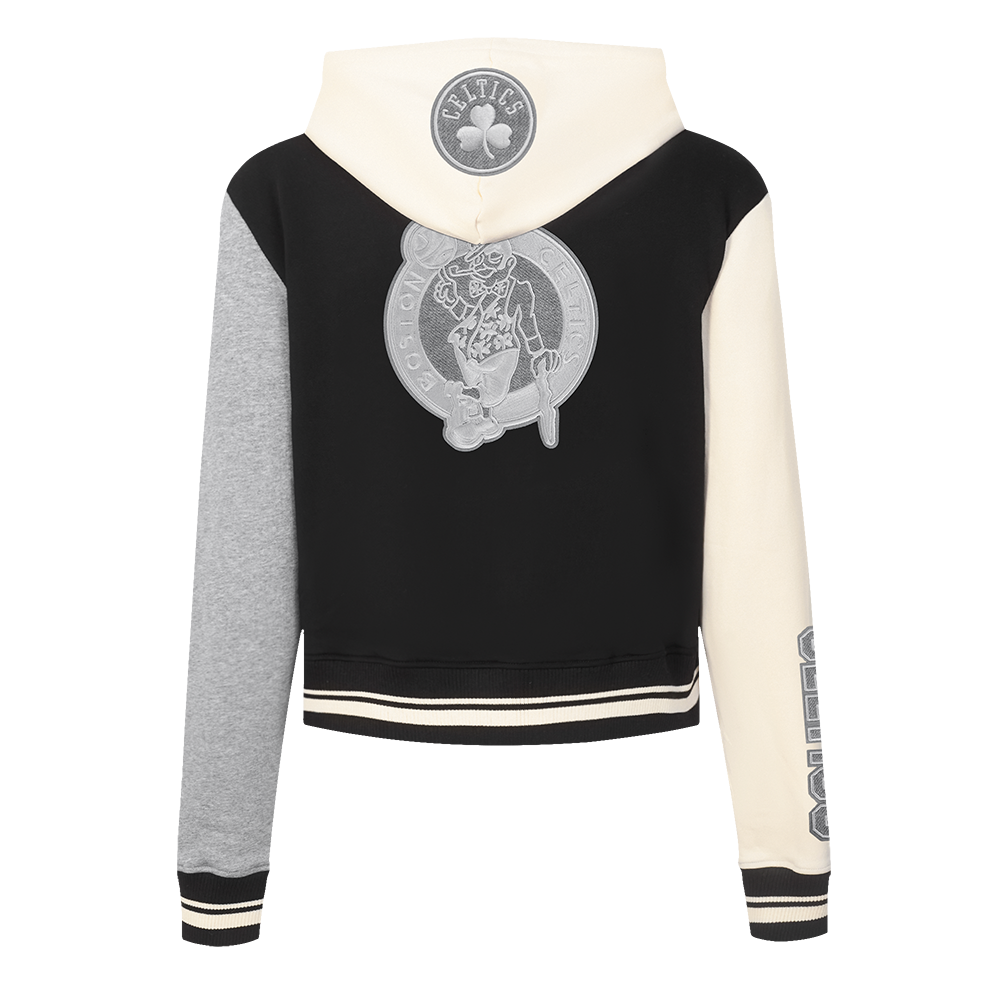 NBA BOSTON CELTICS REVERSE FRENCH TERRY WOMEN'S CROPPED FULL ZIP HOODIE (BLACK/GRAY/EGGSHELL)