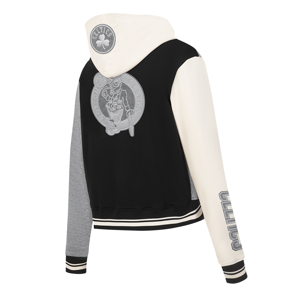 NBA BOSTON CELTICS REVERSE FRENCH TERRY WOMEN'S CROPPED FULL ZIP HOODIE (BLACK/GRAY/EGGSHELL)