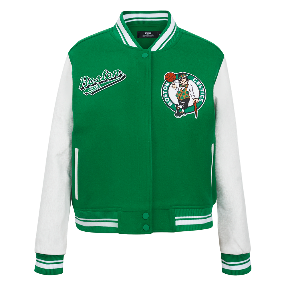 NBA BOSTON CELTICS SCRIPT TAIL WOMEN'S WOOL VARSITY JACKET (KELLY GREEN/ WHITE)