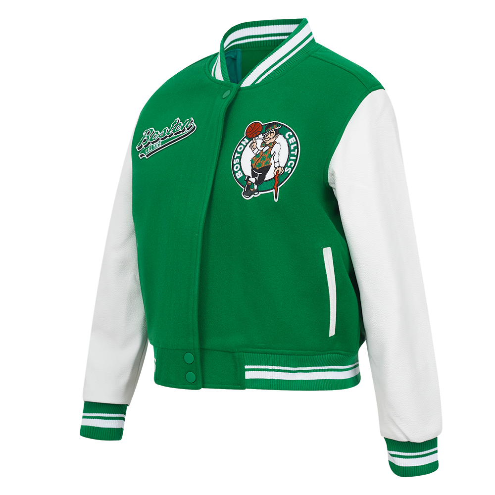 NBA BOSTON CELTICS SCRIPT TAIL WOMEN'S WOOL VARSITY JACKET (KELLY GREEN/ WHITE)