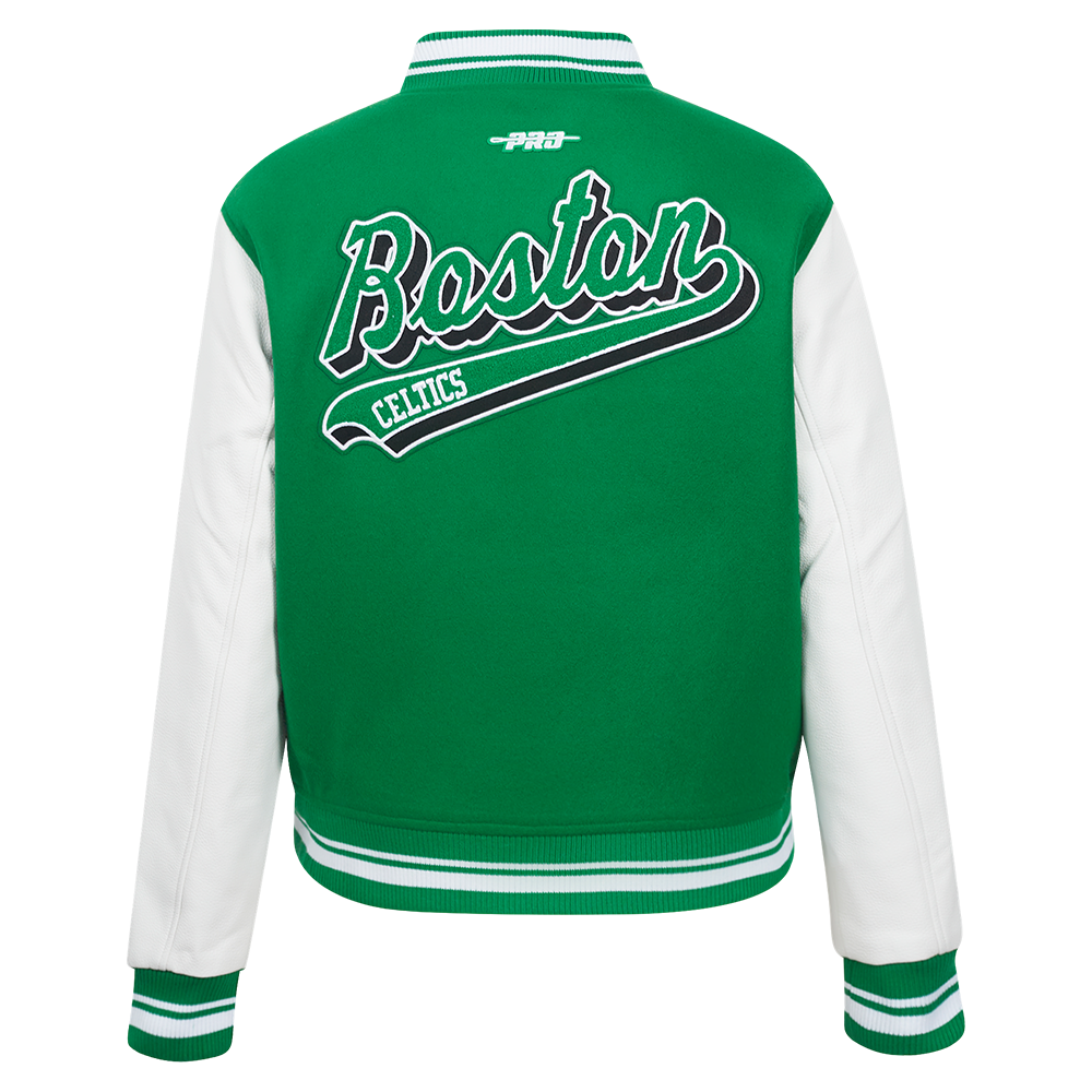 NBA BOSTON CELTICS SCRIPT TAIL WOMEN'S WOOL VARSITY JACKET (KELLY GREEN/ WHITE)