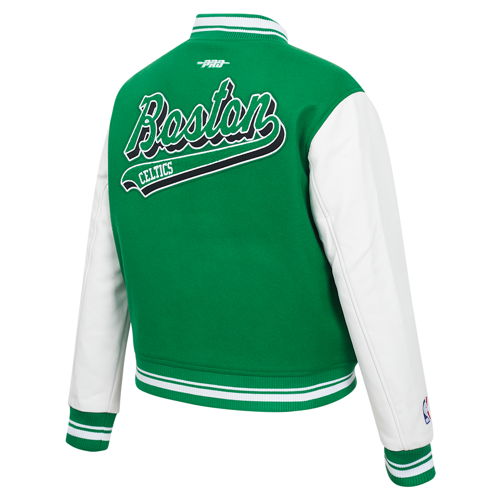 NBA BOSTON CELTICS SCRIPT TAIL WOMEN'S WOOL VARSITY JACKET (KELLY GREEN/ WHITE)