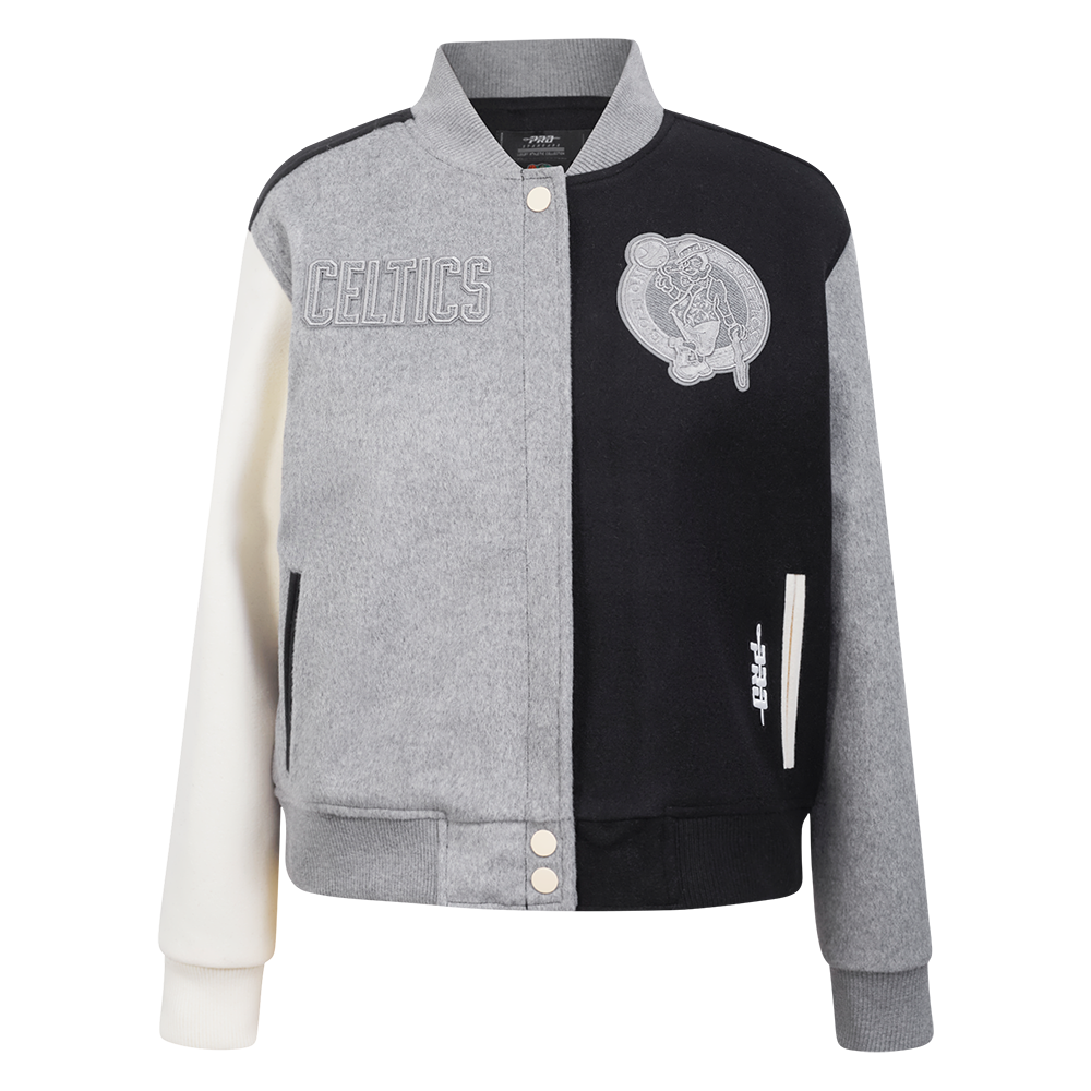 NBA BOSTON CELTICS REVERSE FRENCH TERRY WOMEN'S WOOL VARSITY JACKET (BLACK/GRAY/EGGSHELL)
