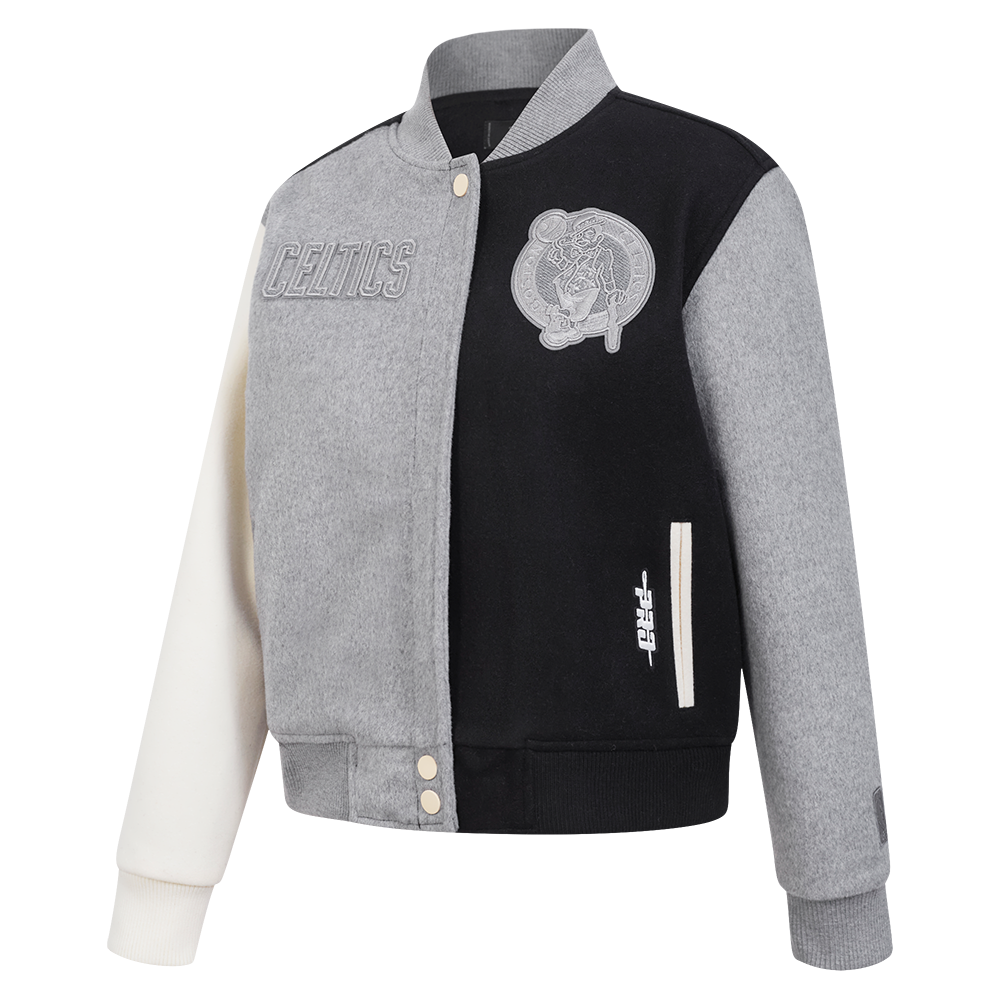 NBA BOSTON CELTICS REVERSE FRENCH TERRY WOMEN'S WOOL VARSITY JACKET (BLACK/GRAY/EGGSHELL)