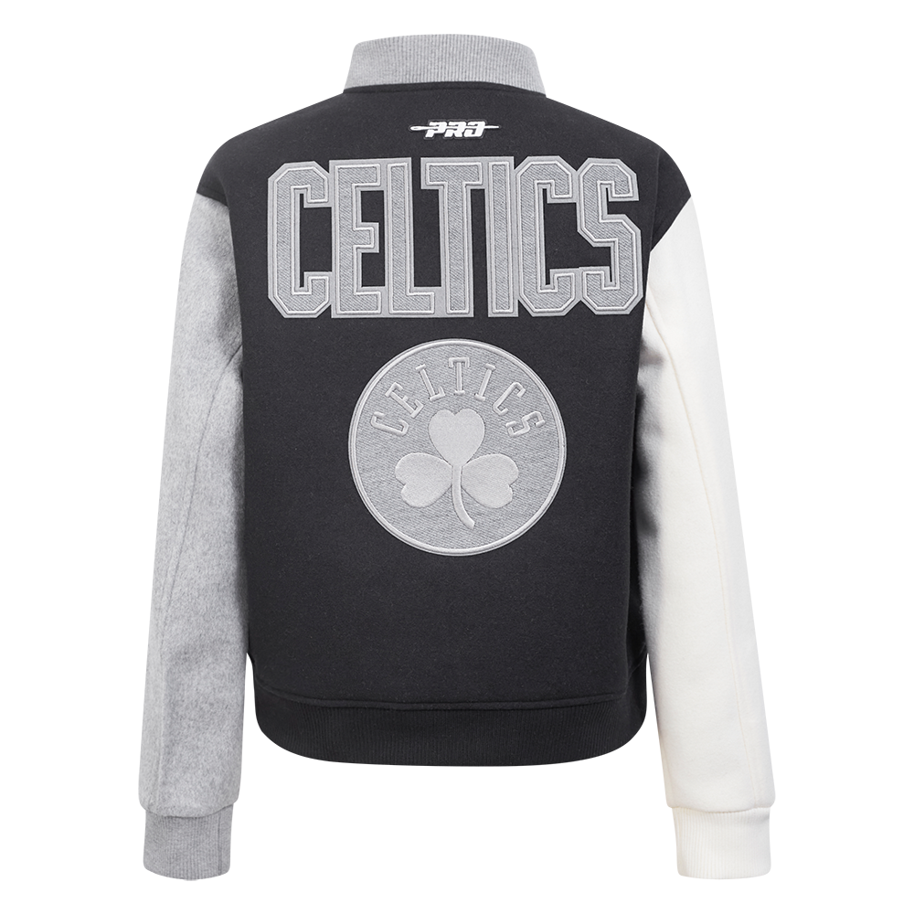 NBA BOSTON CELTICS REVERSE FRENCH TERRY WOMEN'S WOOL VARSITY JACKET (BLACK/GRAY/EGGSHELL)