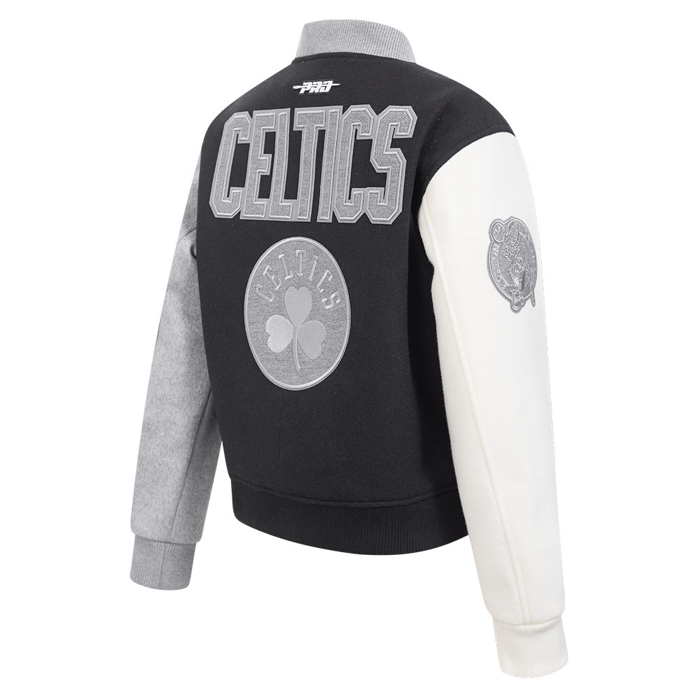 NBA BOSTON CELTICS REVERSE FRENCH TERRY WOMEN'S WOOL VARSITY JACKET (BLACK/GRAY/EGGSHELL)