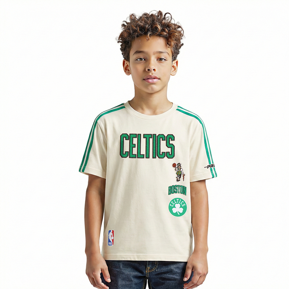 NBA BOSTON CELTICS RETRO CLASSIC T-SHIRT À BANDES À MANCHES COURTES POUR GARÇON ENFANT (COQUILLE D'ŒUF/VERT KELLY)