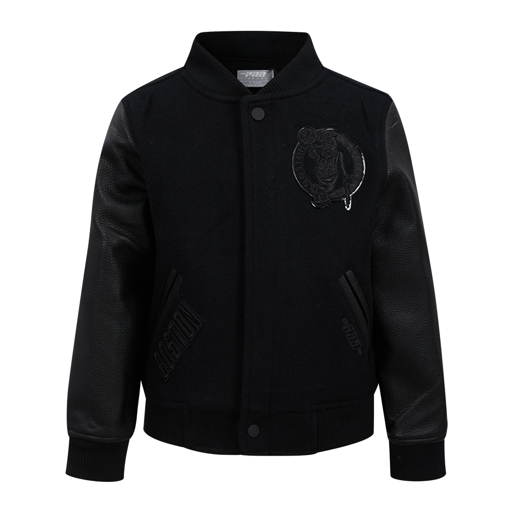 NBA BOSTON CELTICS TRIPLE BLACK LITTLE BOY'S WOOL VARSITY JACKET (JET BLACK)