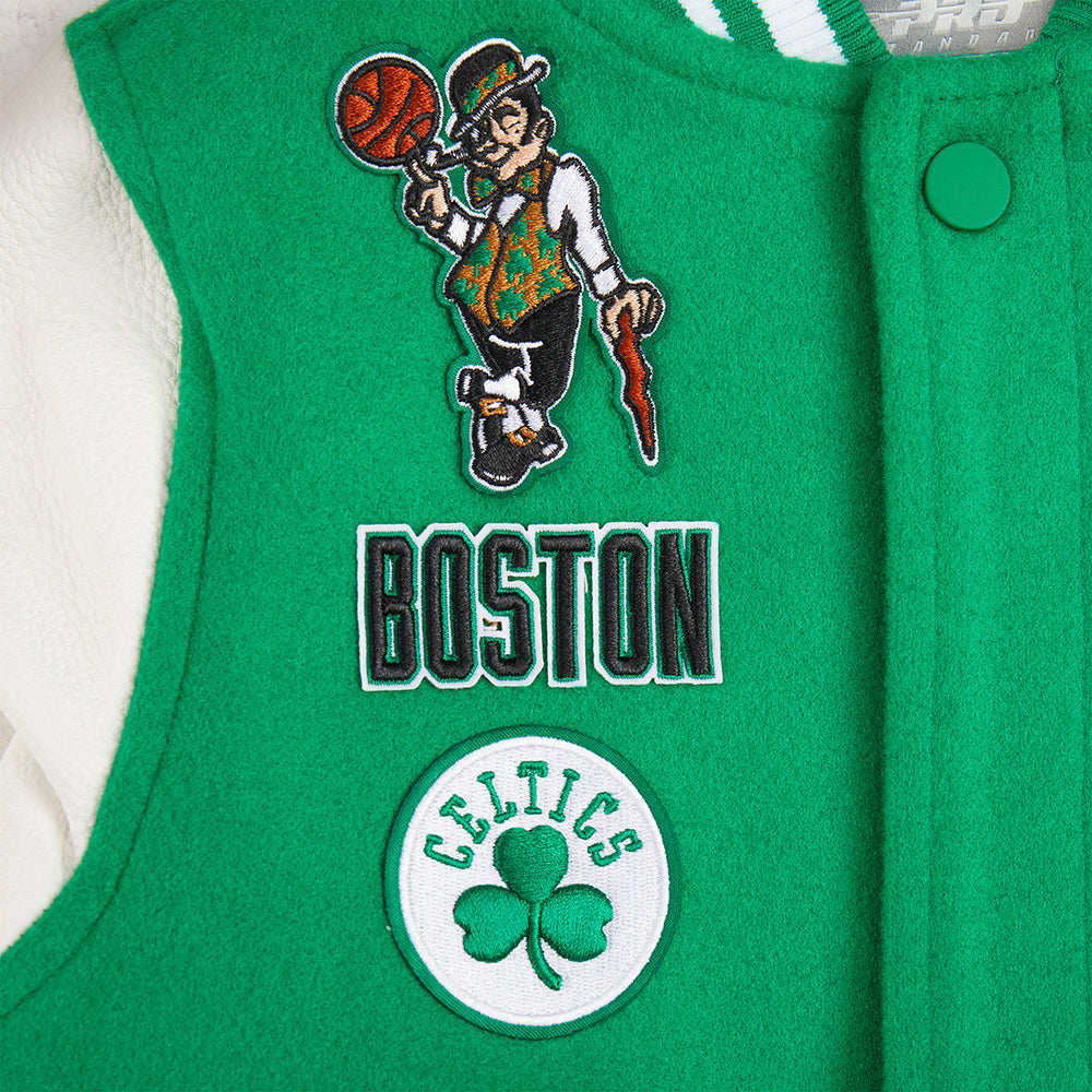 NBA BOSTON CELTICS RETRO CLASSIC BLOUSON COLLÉGIAL EN LAINE À BORDS CÔTELÉS POUR GARÇON BAMBIN (VERT KELLY/BLANC)