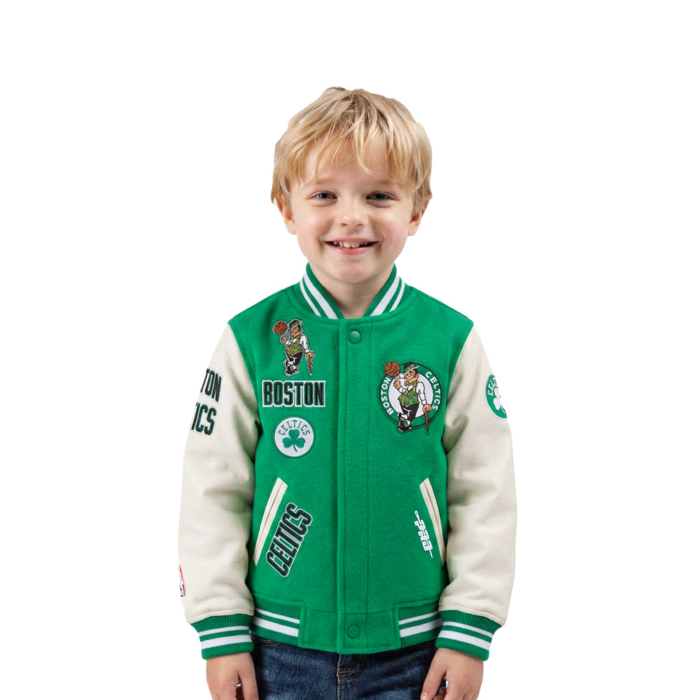 NBA BOSTON CELTICS RETRO CLASSIC BLOUSON COLLÉGIAL EN LAINE À BORDS CÔTELÉS POUR GARÇON BAMBIN (VERT KELLY/BLANC)