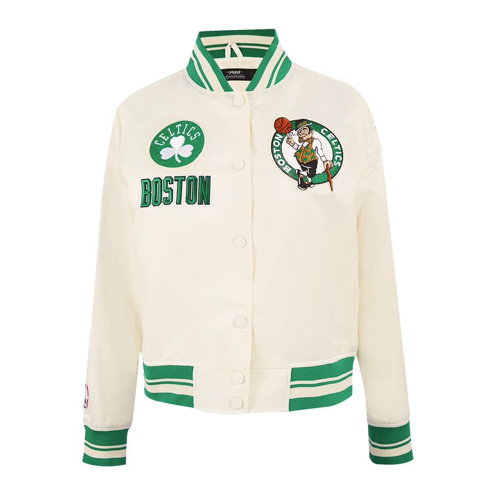NBA BOSTON CELTICS RETRO CLASSIC BLOUSON EN SATIN À BORDS CÔTELÉS POUR FEMME (COQUILLE D'ŒUF/VERT KELLY)