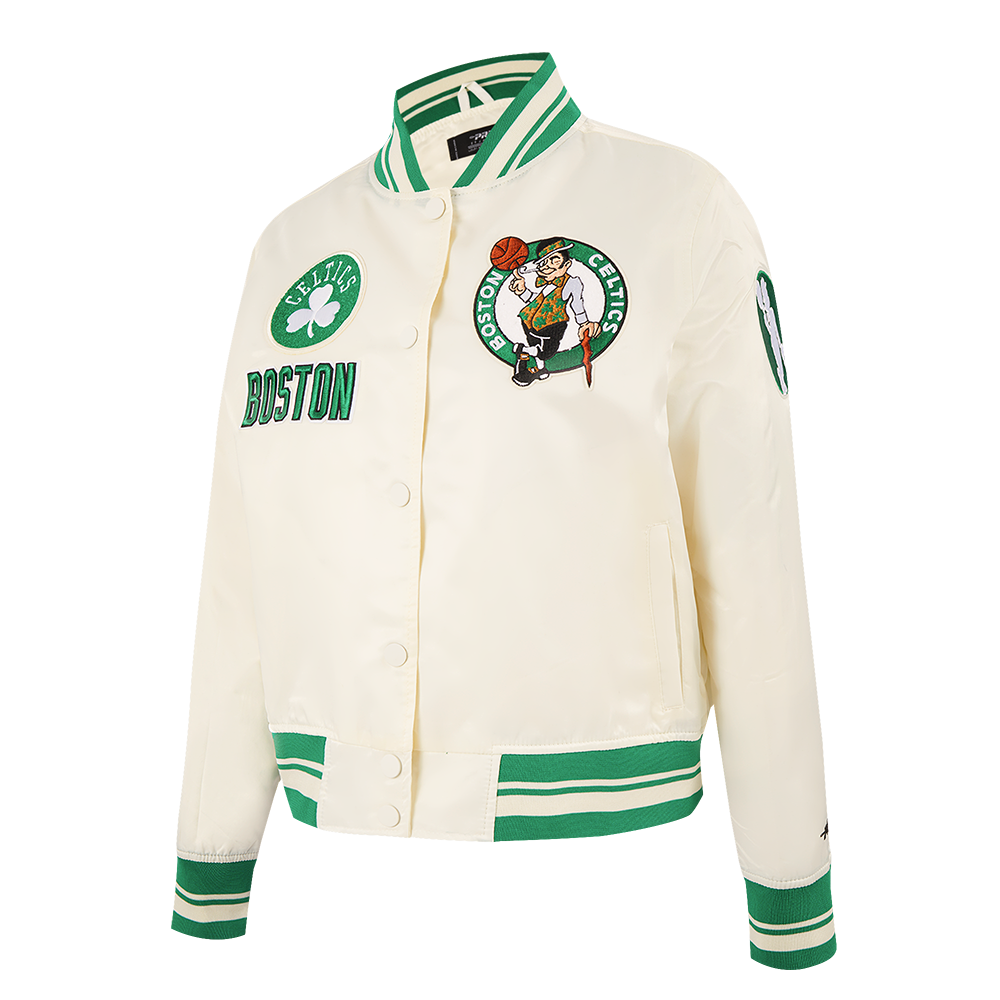 NBA BOSTON CELTICS RETRO CLASSIC BLOUSON EN SATIN À BORDS CÔTELÉS POUR FEMME (COQUILLE D'ŒUF/VERT KELLY)