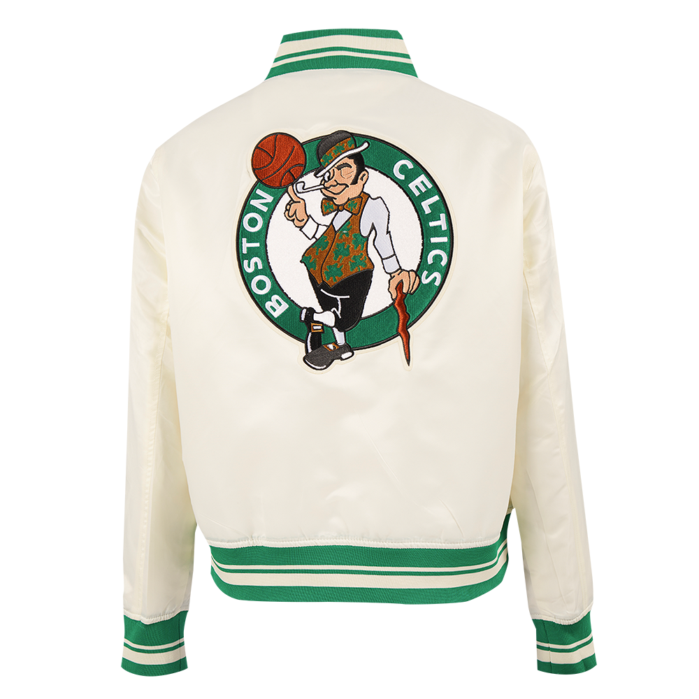 NBA BOSTON CELTICS RETRO CLASSIC WOMEN'S RIB SATIN JACKET (EGGSHELL/ KELLY GREEN)