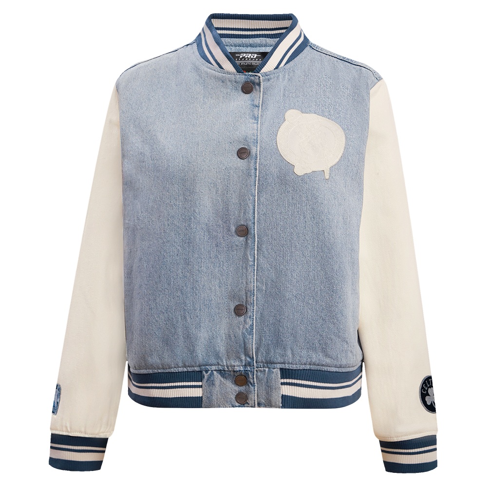 NBA BOSTON CELTICS VARSITY BLUES BLOUSON COLLÉGIAL EN DENIM POUR FEMME (DENIM/LIN)