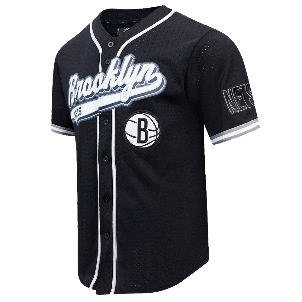 NBA BROOKLYN NETS SCRIPT TAIL MEN'S MESH BUTTON DOWN SHIRT (BLACK/GRAY)