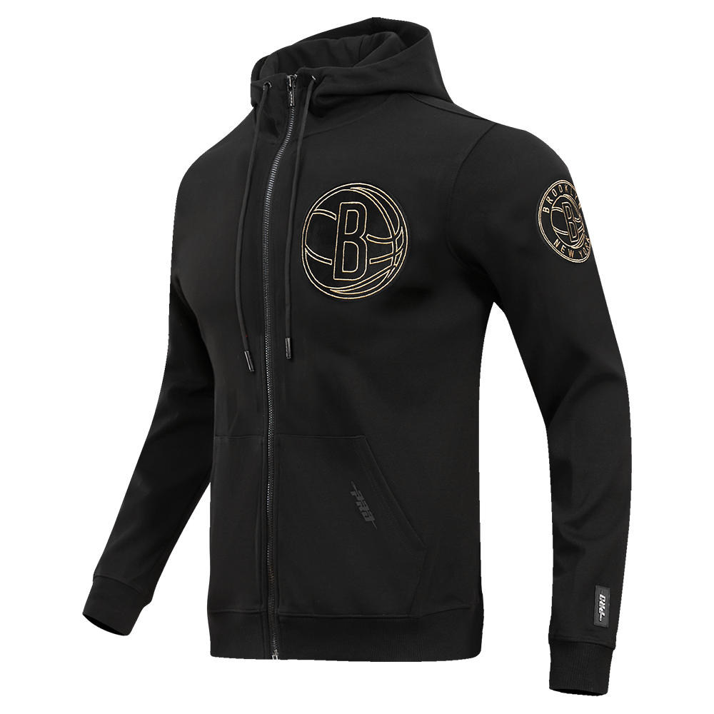 NBA BROOKLYN NETS BLACK & GOLD DOUBLE KNIT MEN'S FULL ZIP PULLOVER HOODIE (BLACK)