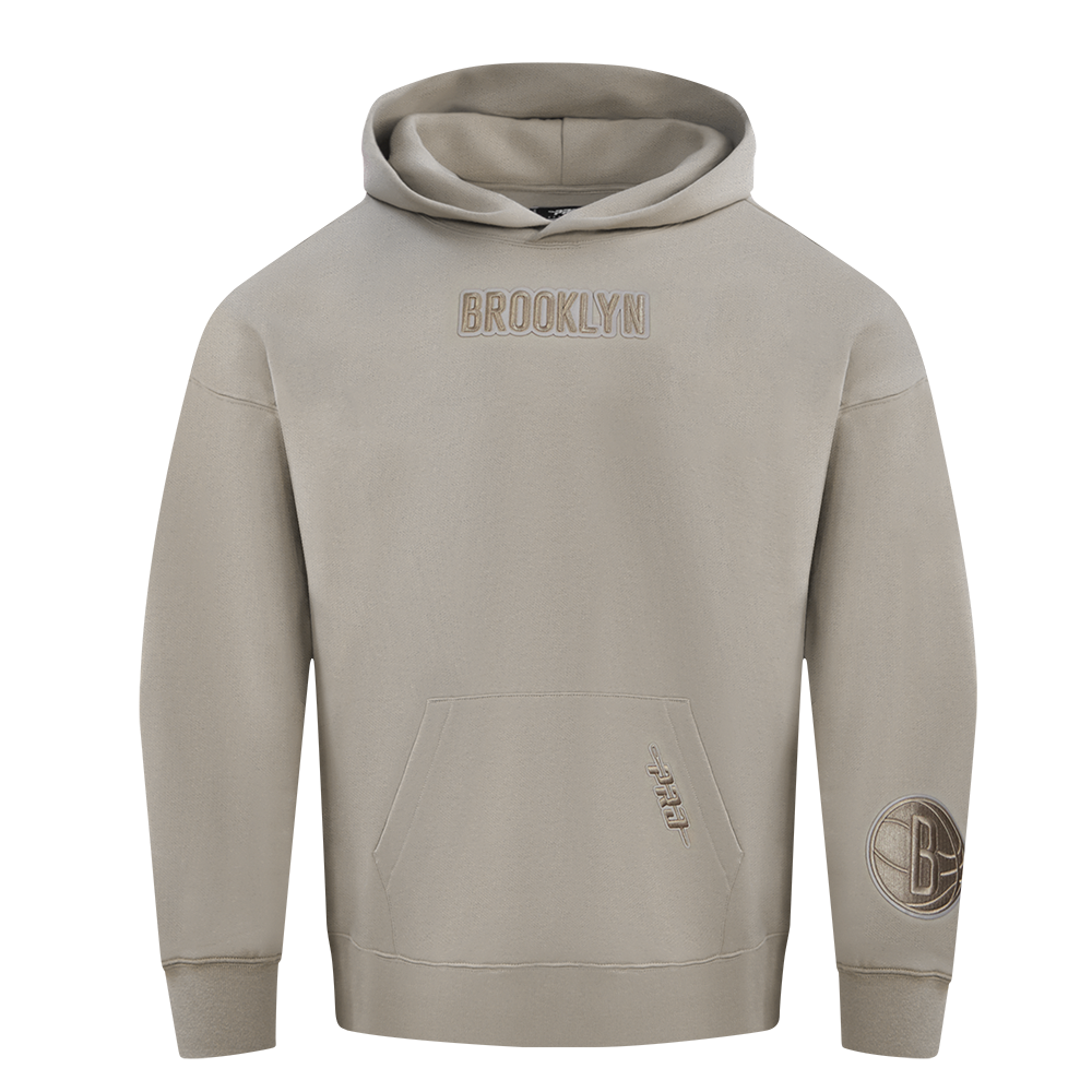 NBA BROOKLYN NETS WINGSPAN MEN'S DROP SHOULDER FLEECE PULLOVER HOODIE (TAUPE)