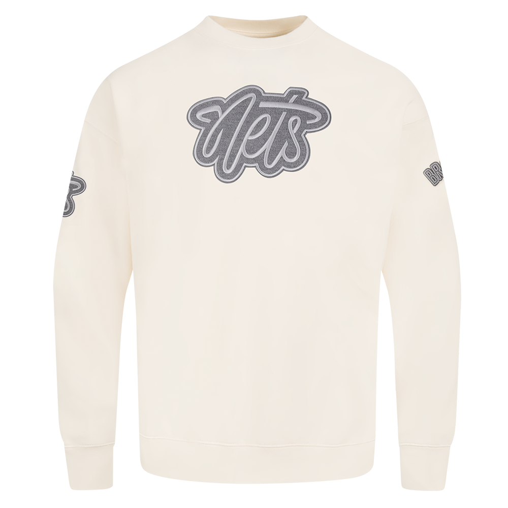 NBA BROOKLYN NETS REVERSE FRENCH TERRY MEN'S DROP SHOULDER FLEECE CREWNECK (EGGSHELL)