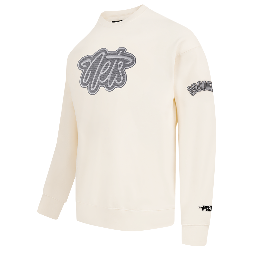 NBA BROOKLYN NETS REVERSE FRENCH TERRY MEN'S DROP SHOULDER FLEECE CREWNECK (EGGSHELL)
