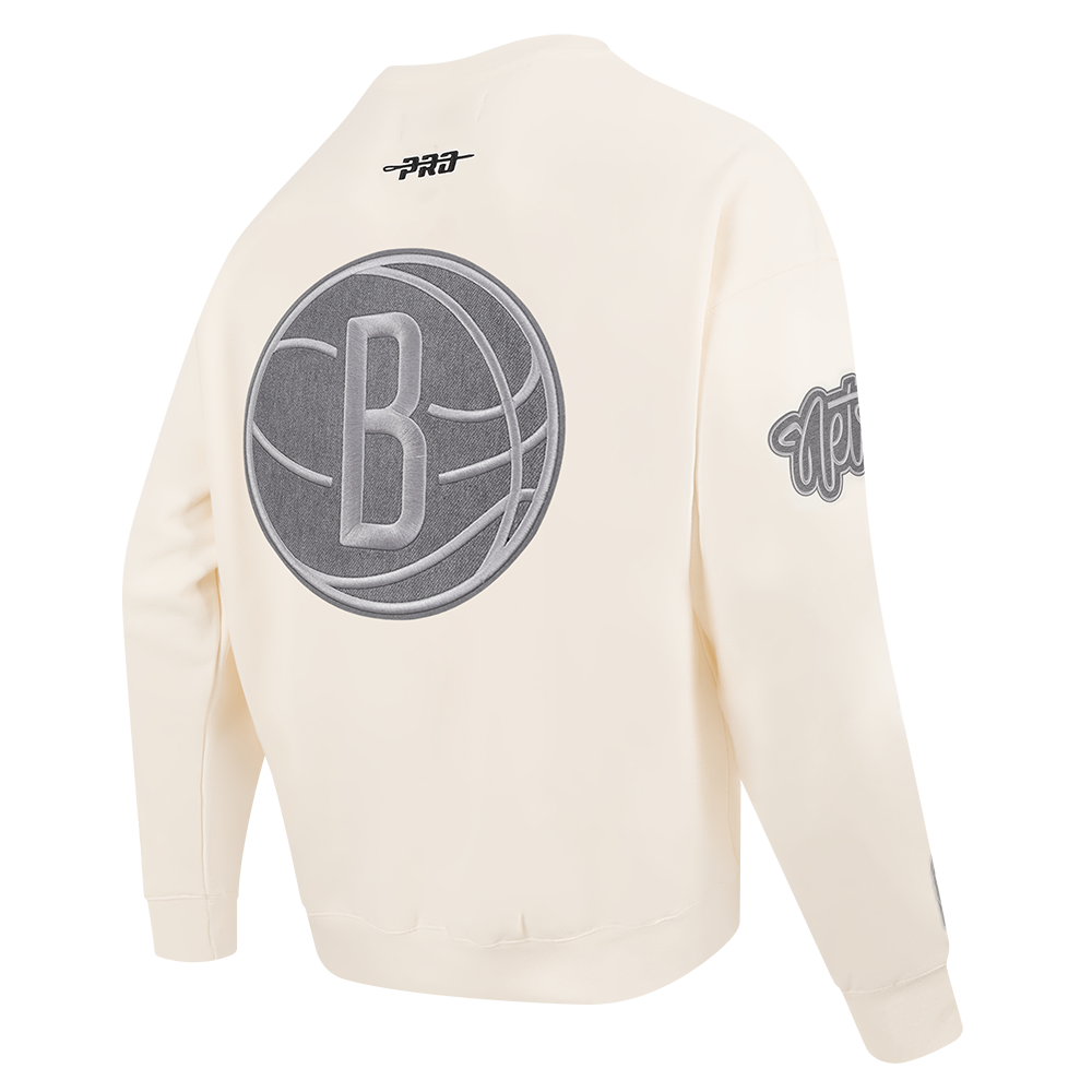 NBA BROOKLYN NETS REVERSE FRENCH TERRY MEN'S DROP SHOULDER FLEECE CREWNECK (EGGSHELL)