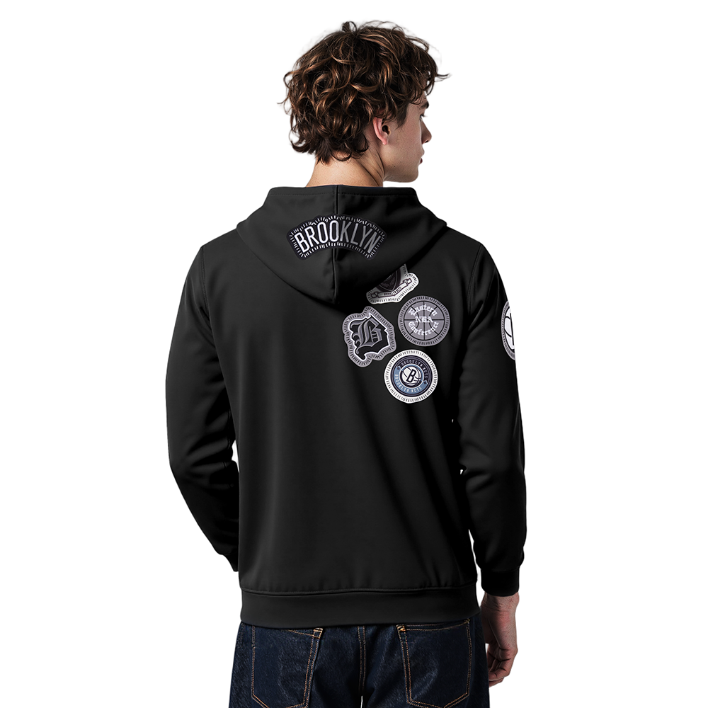 NBA BROOKLYN NETS DIY PICK STITCH MEN'S DOUBLE KNIT PULLOVER HOODIE (BLACK)