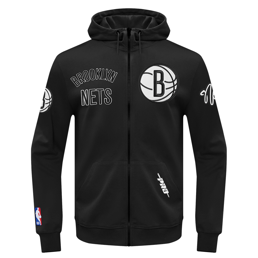 NBA BROOKLYN NETS CLASSIC WIND SUIT MEN'S WOVEN FULL ZIP PULLOVER HOODIE (BLACK)
