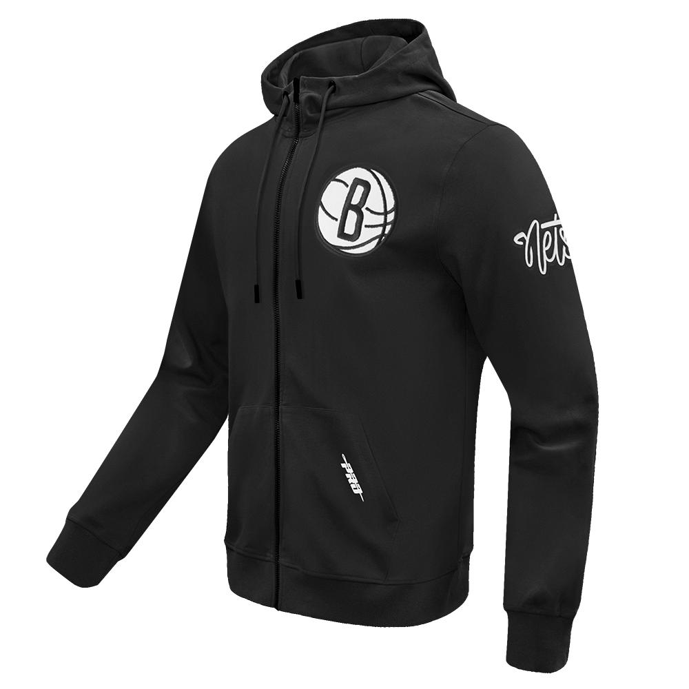 NBA BROOKLYN NETS CLASSIC CHENILLE MEN'S DOUBLE KNIT FULL ZIP PULLOVER HOODIE (BLACK)