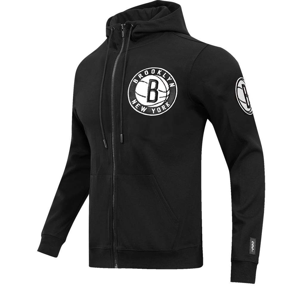 NBA BROOKLYN NETS CLASSIC CHENILLE MEN'S FULL ZIP PULLOVER HOODIE (BLACK)