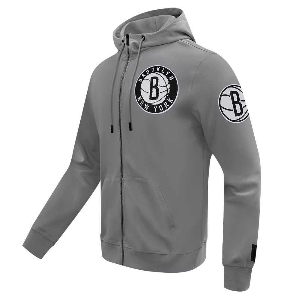NBA BROOKLYN NETS CLASSIC CHENILLE MEN'S FULL ZIP PULLOVER HOODIE (GRAY)