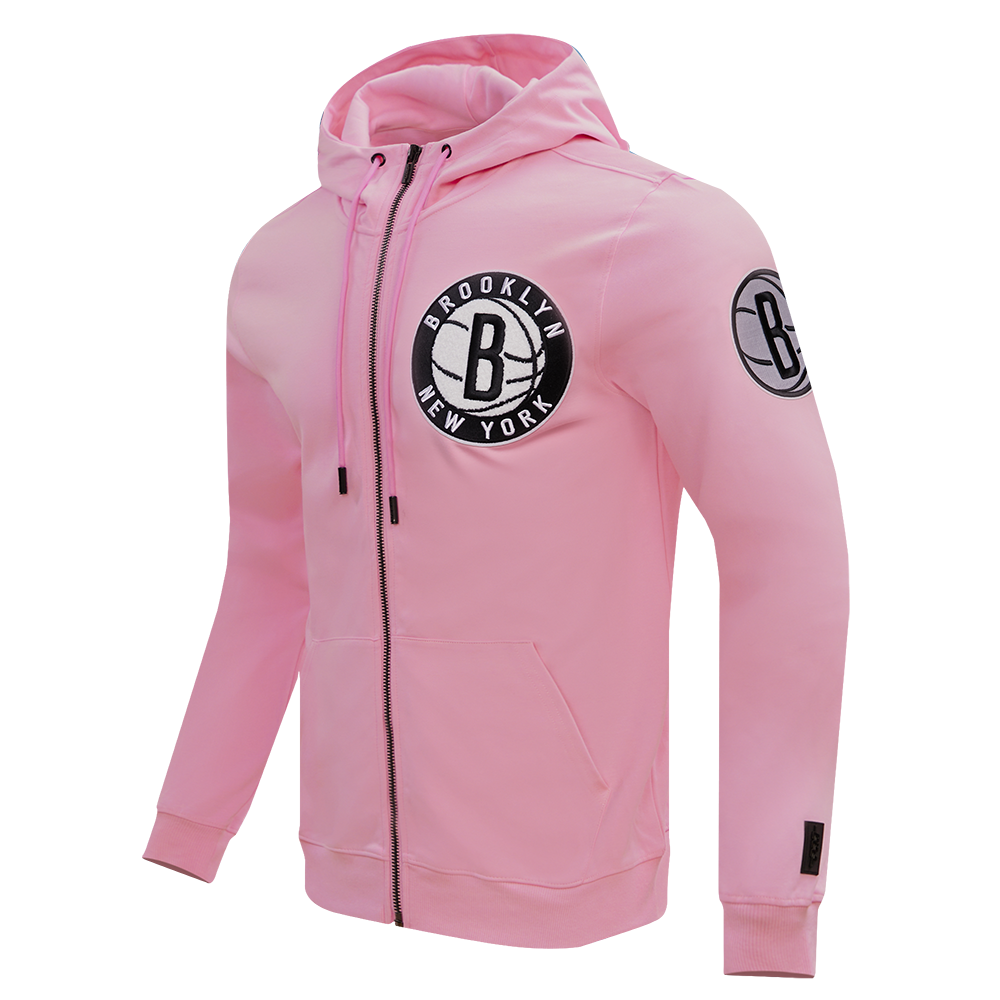 NBA BROOKLYN NETS CLASSIC CHENILLE MEN'S FULL ZIP PULLOVER HOODIE (PINK)