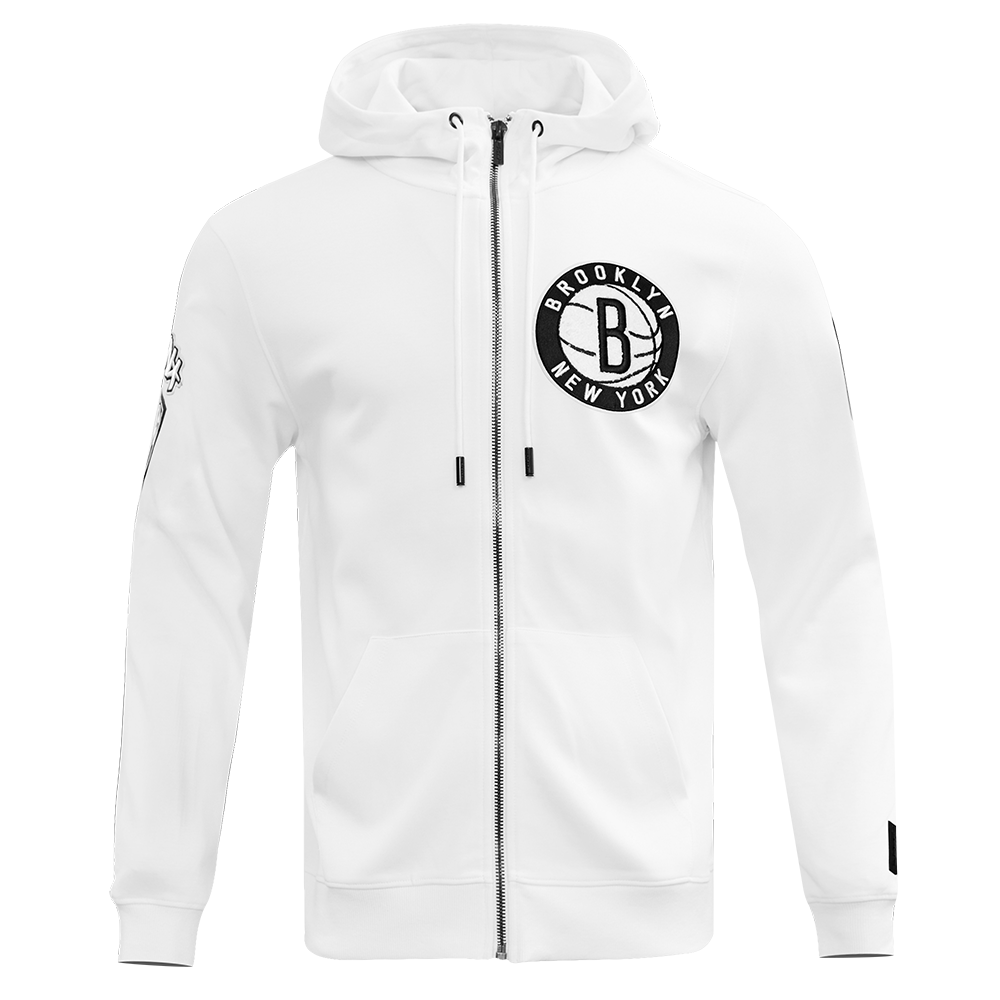 NBA BROOKLYN NETS CLASSIC CHENILLE MEN'S FULL ZIP PULLOVER HOODIE (WHITE)