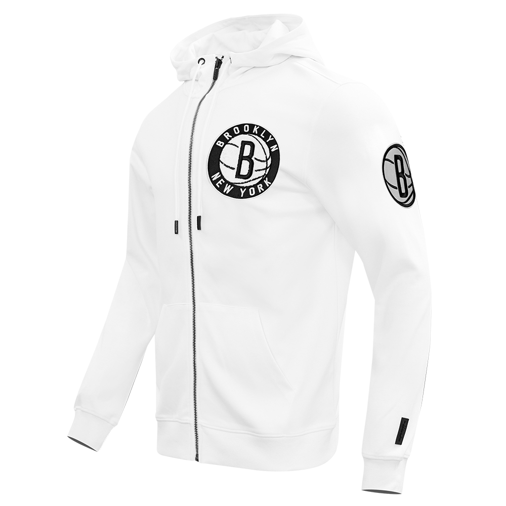 NBA BROOKLYN NETS CLASSIC CHENILLE MEN'S FULL ZIP PULLOVER HOODIE (WHITE)