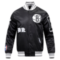 NBA BROOKLYN NETS OLD ENGLISH MEN'S RIB SATIN JACKET (BLACK/GRAY)