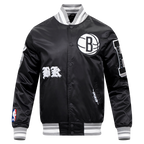NBA BROOKLYN NETS OLD ENGLISH MEN'S RIB SATIN JACKET (BLACK/GRAY)