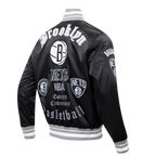 NBA BROOKLYN NETS OLD ENGLISH MEN'S RIB SATIN JACKET (BLACK/GRAY)