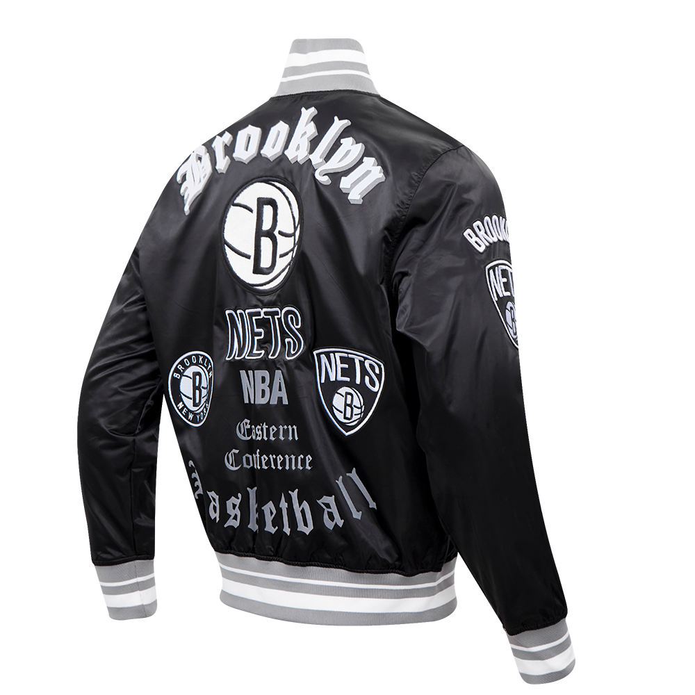 NBA BROOKLYN NETS OLD ENGLISH MEN'S RIB SATIN JACKET (BLACK/GRAY)