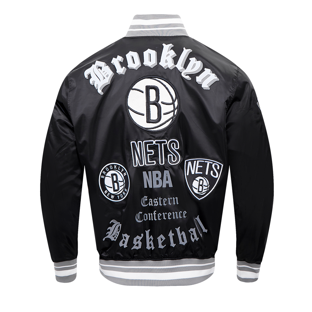 NBA BROOKLYN NETS OLD ENGLISH MEN'S RIB SATIN JACKET (BLACK/GRAY)