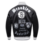 NBA BROOKLYN NETS OLD ENGLISH MEN'S RIB SATIN JACKET (BLACK/GRAY)
