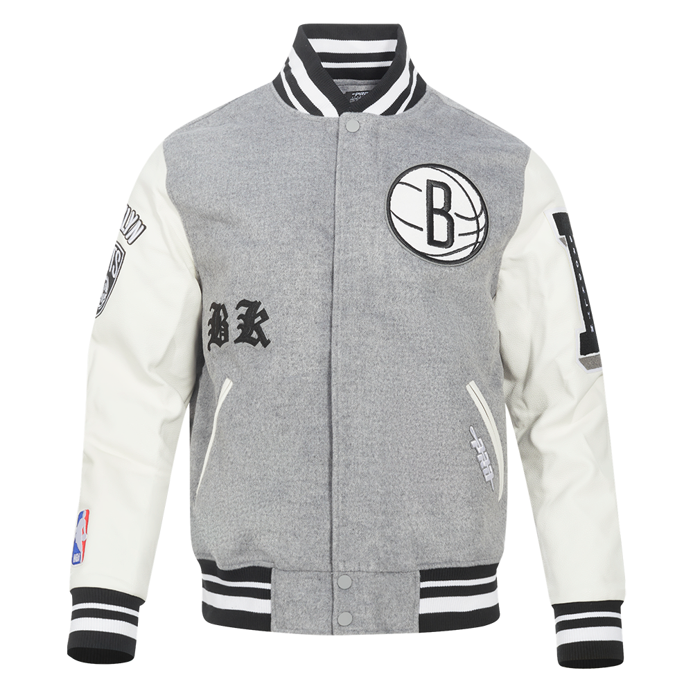NBA BROOKLYN NETS OLD ENGLISH MEN'S RIB WOOL VARSITY JACKET (HEATHER GREY/WHITE/BLACK)
