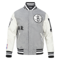 NBA BROOKLYN NETS OLD ENGLISH MEN'S RIB WOOL VARSITY JACKET (HEATHER GREY/WHITE/BLACK)