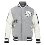 NBA BROOKLYN NETS OLD ENGLISH MEN'S RIB WOOL VARSITY JACKET (HEATHER GREY/WHITE/BLACK)