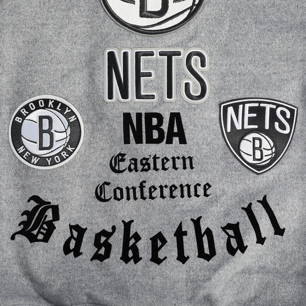 NBA BROOKLYN NETS OLD ENGLISH MEN'S RIB WOOL VARSITY JACKET (HEATHER GREY/WHITE/BLACK)