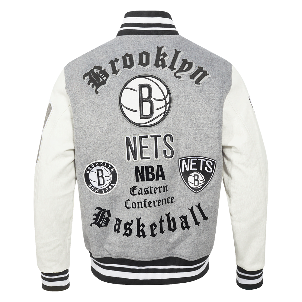 NBA BROOKLYN NETS OLD ENGLISH MEN'S RIB WOOL VARSITY JACKET (HEATHER GREY/WHITE/BLACK)