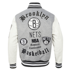 NBA BROOKLYN NETS OLD ENGLISH MEN'S RIB WOOL VARSITY JACKET (HEATHER GREY/WHITE/BLACK)