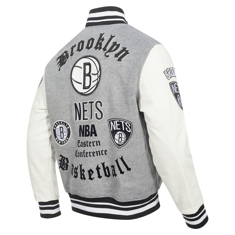 NBA BROOKLYN NETS OLD ENGLISH MEN'S RIB WOOL VARSITY JACKET (HEATHER GREY/WHITE/BLACK)