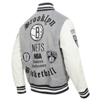 NBA BROOKLYN NETS OLD ENGLISH MEN'S RIB WOOL VARSITY JACKET (HEATHER GREY/WHITE/BLACK)